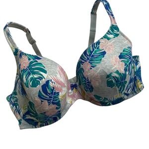 Cacique Bra 40DD Gray Tropical Floral‎ Padded Underwire Adjustable Comfy Cute